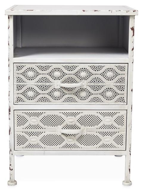 Filigree 2 Drawer Metal Bedside Table - Antique White-abc
