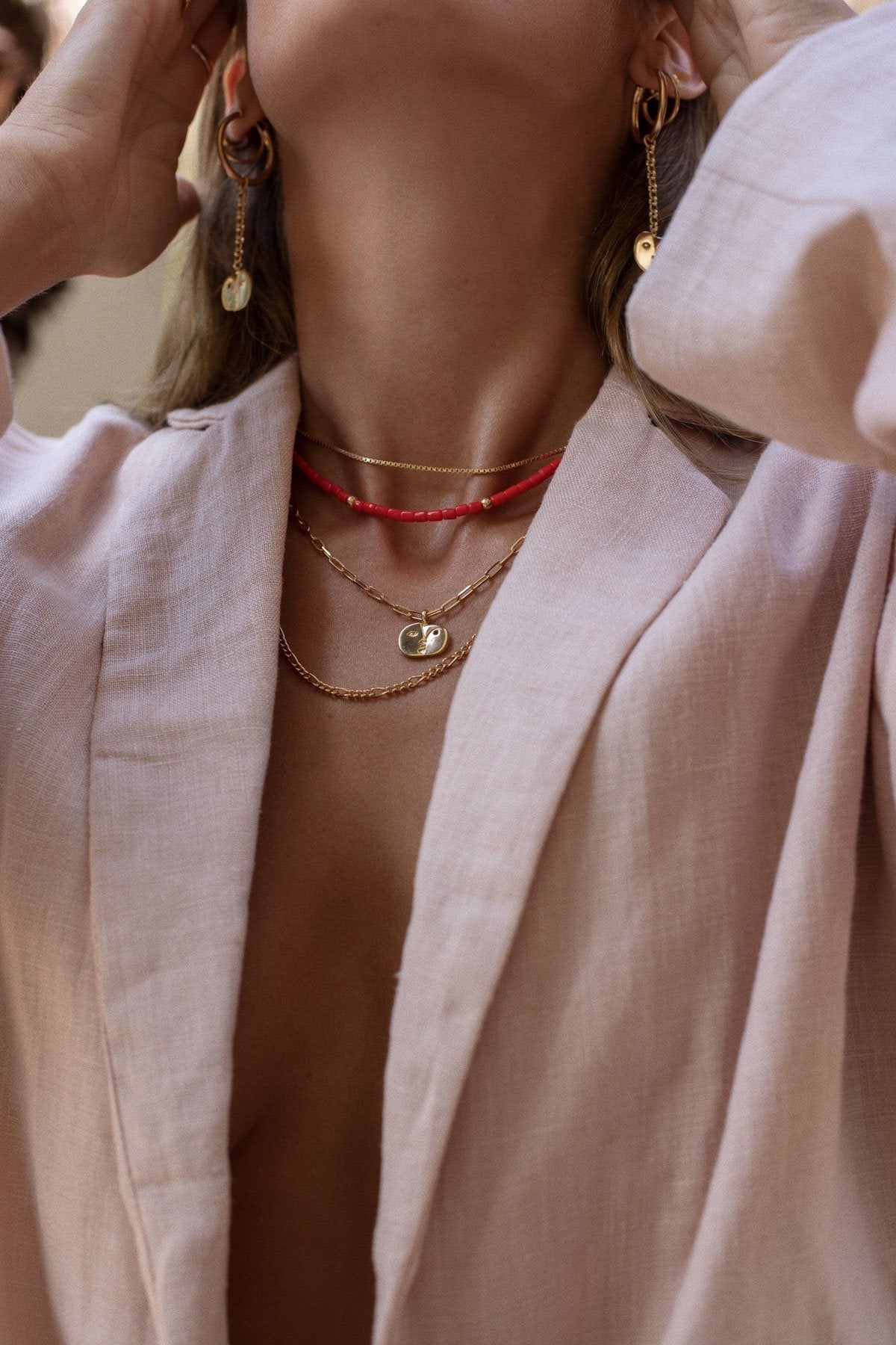 Coral color choker gold plated (35 cm)-abc