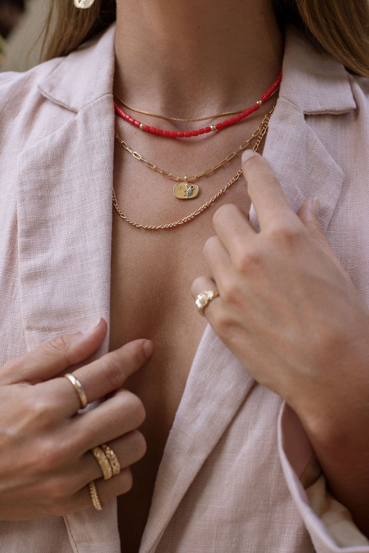 Coral color choker gold plated (35 cm)-abc