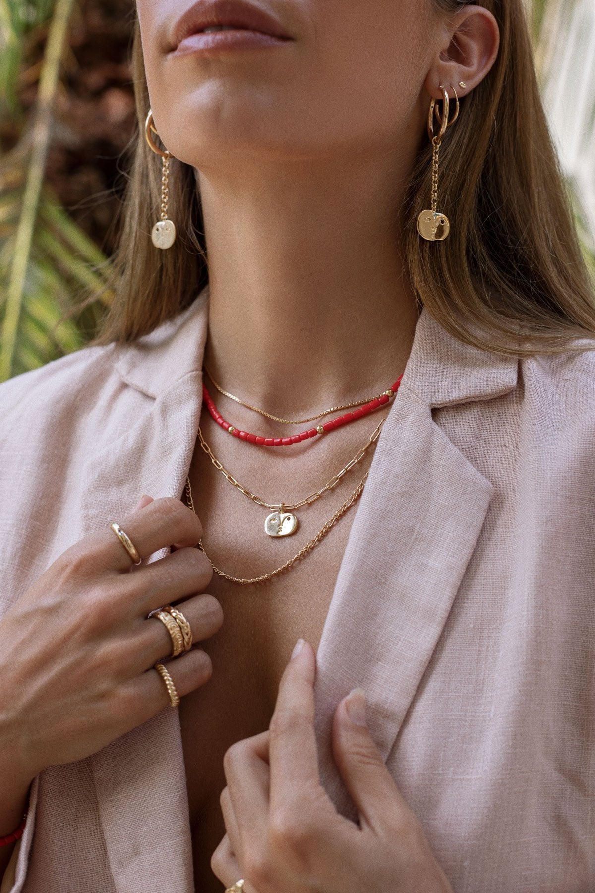 Coral color choker gold plated (35 cm)-abc