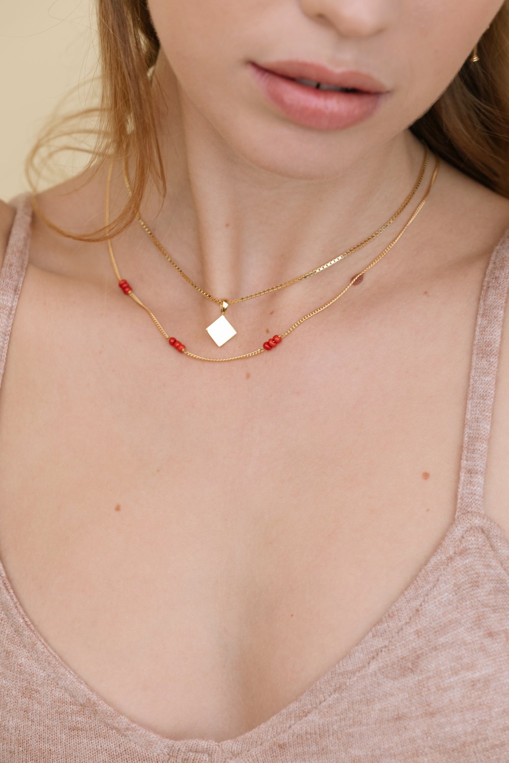 Triple red beads necklace gold plated-Necklace-wildthings_collectables-Gold plated---abc
