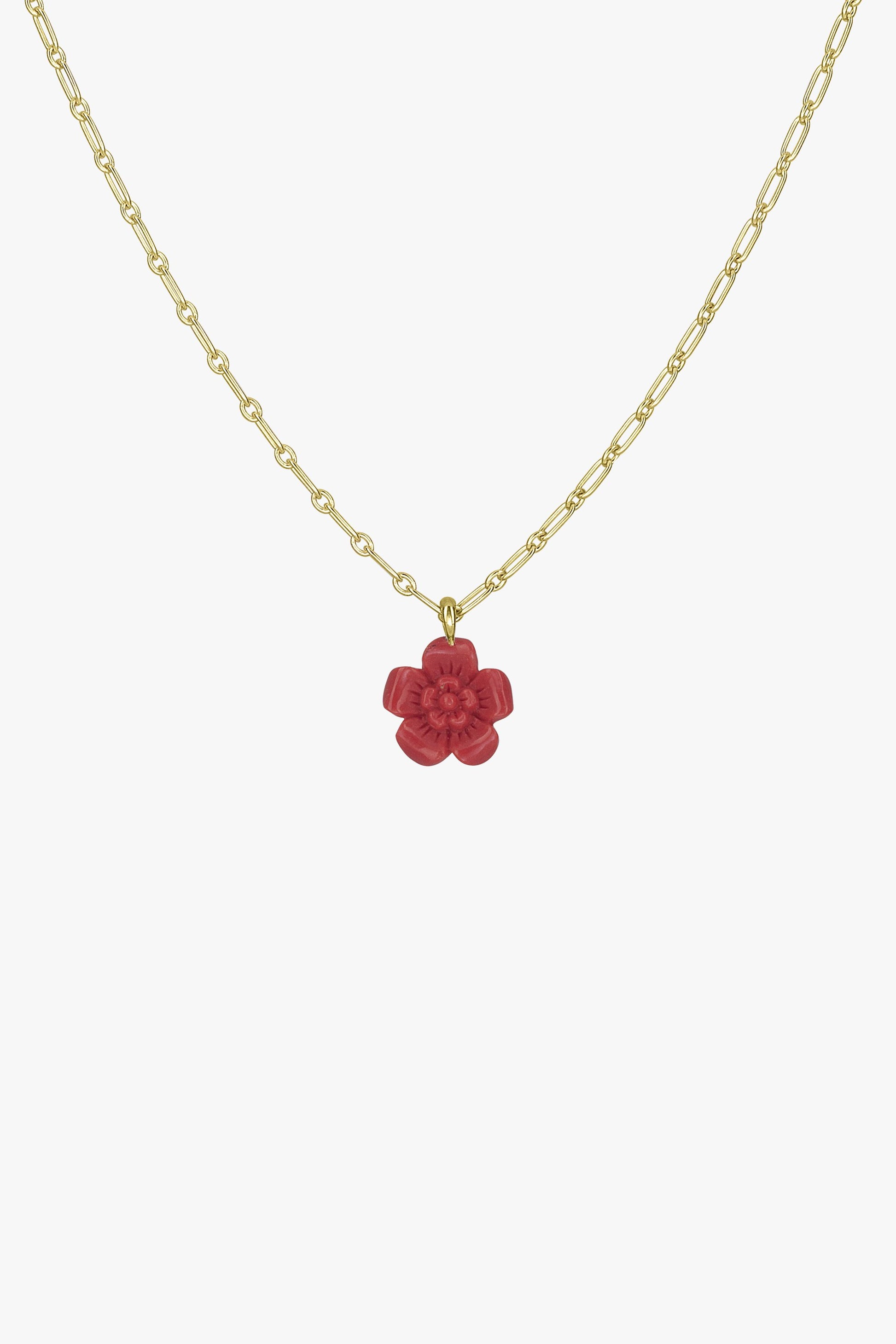 Coral color flower necklace pendant gold plated-abc
