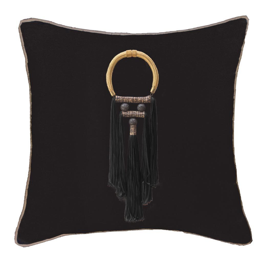 Tassel Spanish Black On Black Lounge Cushion 55 x 55cm-Accessories-Bandhini Homewear Design-Black-55 x 55--abc