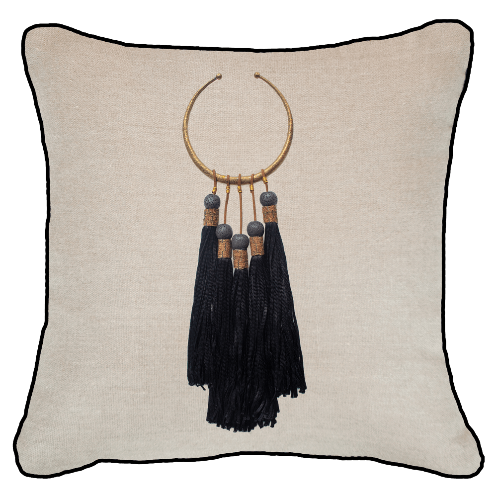 Tassel Amulet Black on Natural Linen Lounge Cushion 55 x 55 cm-Accessories-Bandhini Homewear Design-Natural-22 x 22--abc