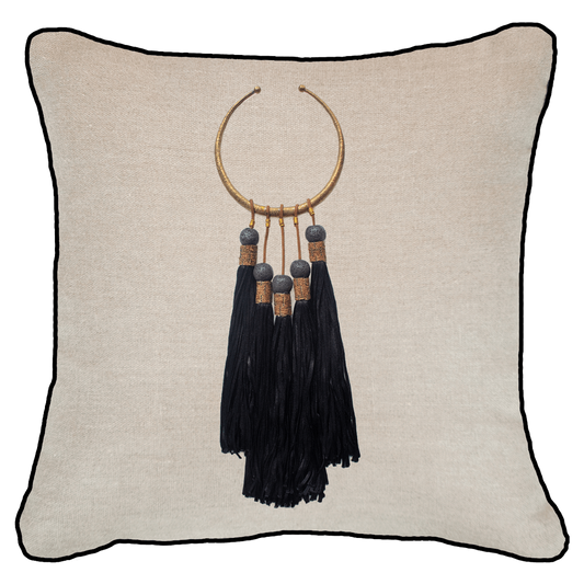 Tassel Amulet Black on Natural Linen Lounge Cushion 55 x 55 cm-Accessories-Bandhini Homewear Design-Natural-22 x 22--abc