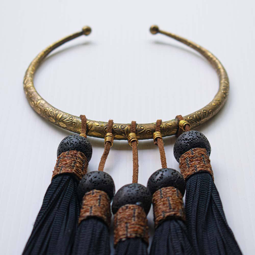 Tassel Amulet Black on Natural Linen Lounge Cushion 55 x 55 cm-Accessories-Bandhini Homewear Design-Natural-22 x 22--abc