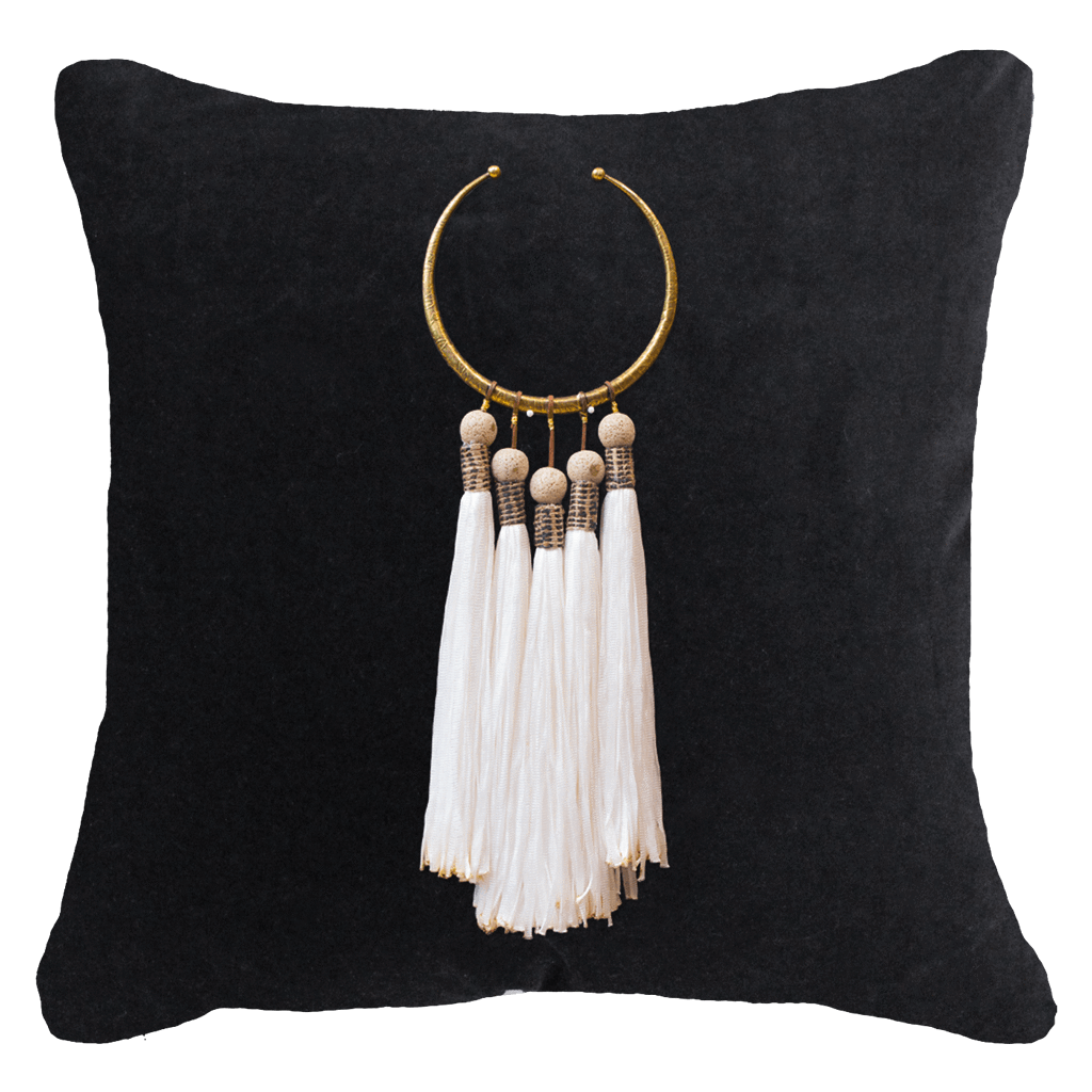 Tassel Amulet on Black Lounge Cushion 55 x 55 cm-Accessories-Bandhini Homewear Design-White-22 x 22--abc