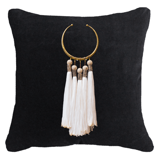 Tassel Amulet on Black Lounge Cushion 55 x 55 cm-Accessories-Bandhini Homewear Design-White-22 x 22--abc