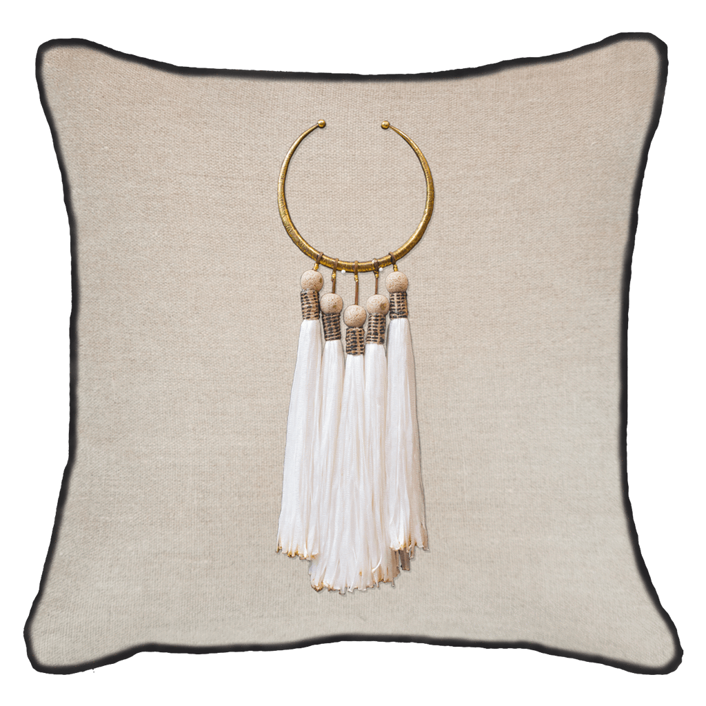Tassel Amulet on Natural Lounge Cushion 55 x 55 cm-Accessories-Bandhini Homewear Design-White-22 x 22--abc