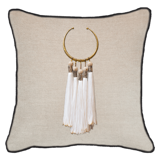 Tassel Amulet on Natural Lounge Cushion 55 x 55 cm-Accessories-Bandhini Homewear Design-White-22 x 22--abc