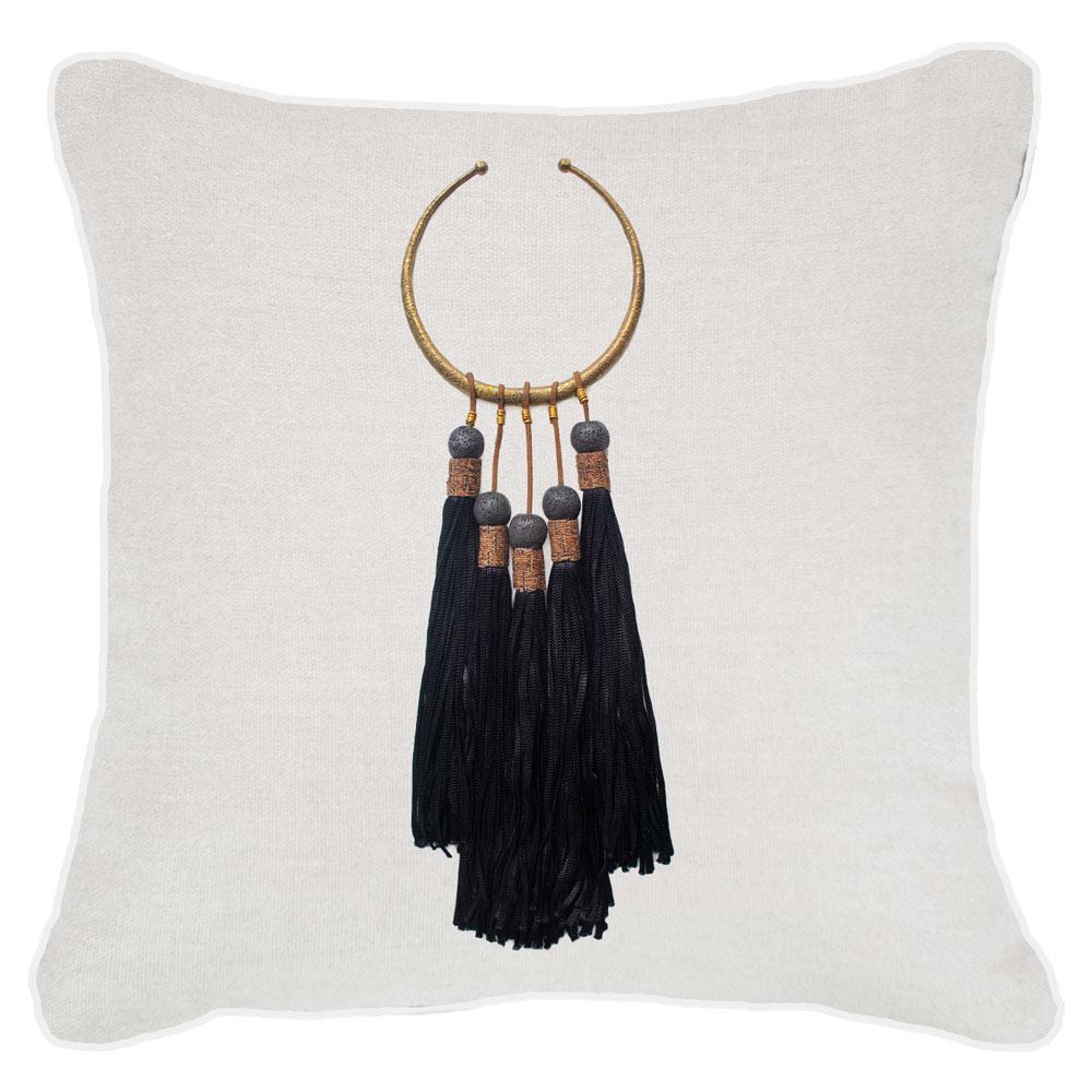 Tassel Amulet White on Black Linen Lounge Cushion 55 x 55 cm-Accessories-Bandhini Homewear Design-White-22 x 22--abc