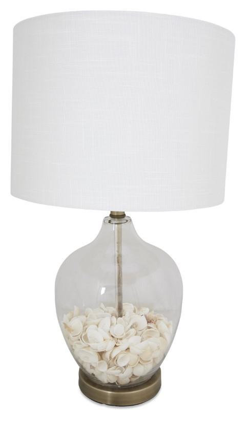 Glass Shell Table Lamp with White Linen Shade and Metal Base - White-abc