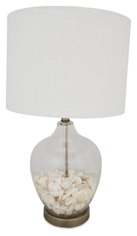 Glass Shell Table Lamp with White Linen Shade and Metal Base - White-abc