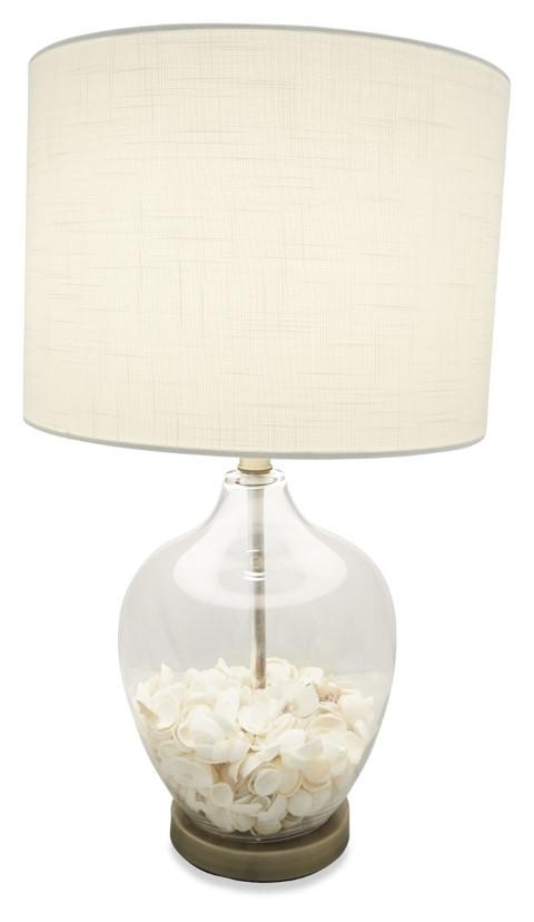 Glass Shell Table Lamp with White Linen Shade and Metal Base - White-abc