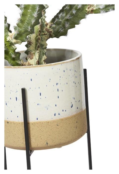 Two Tone Ceramic Pot on Tall Iron Stand - Ivory/Natural-Accessories-Home & Giftware-Default Title---abc
