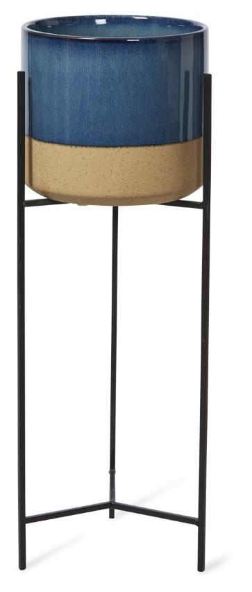 Two Tone Ceramic Pot on Tall Iron Stand - Blue/Natural-Accessories-Home & Giftware-Default Title---abc