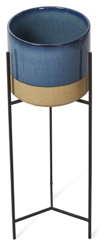 Two Tone Ceramic Pot on Tall Iron Stand - Blue/Natural-Accessories-Home & Giftware-Default Title---abc