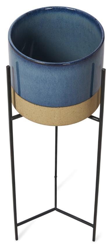 Two Tone Ceramic Pot on Tall Iron Stand - Blue/Natural-Accessories-Home & Giftware-Default Title---abc