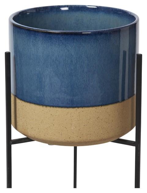 Two Tone Ceramic Pot on Tall Iron Stand - Blue/Natural-Accessories-Home & Giftware-Default Title---abc