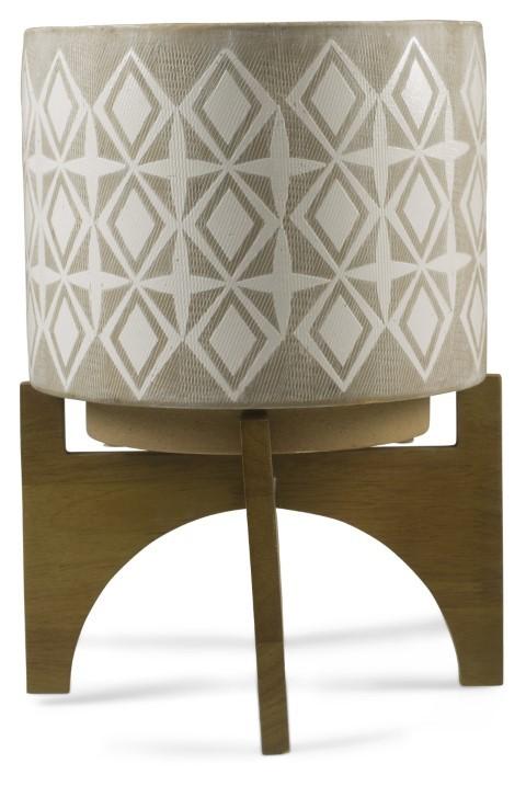 Diamond Ceramic Pot on Wood Stand Medium - Light Grey/Natural-abc