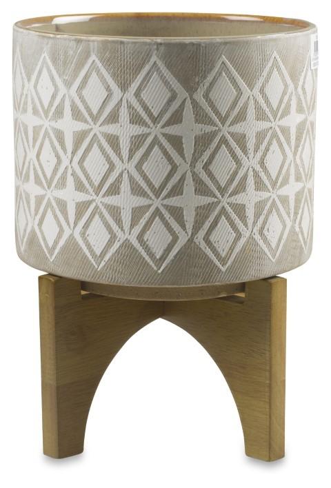 Diamond Ceramic Pot on Wood Stand Large - Light Grey/Natural-abc