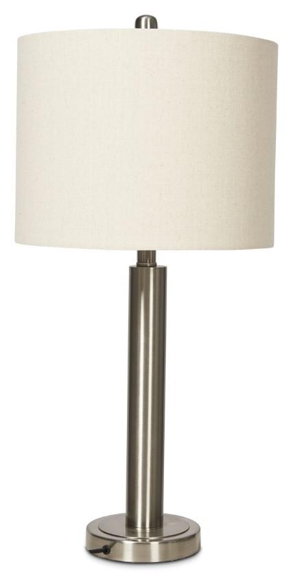 Contemporary Tall Metal Table Lamp with Oatmeal Linen Shade - Brush Nickel Finish-abc