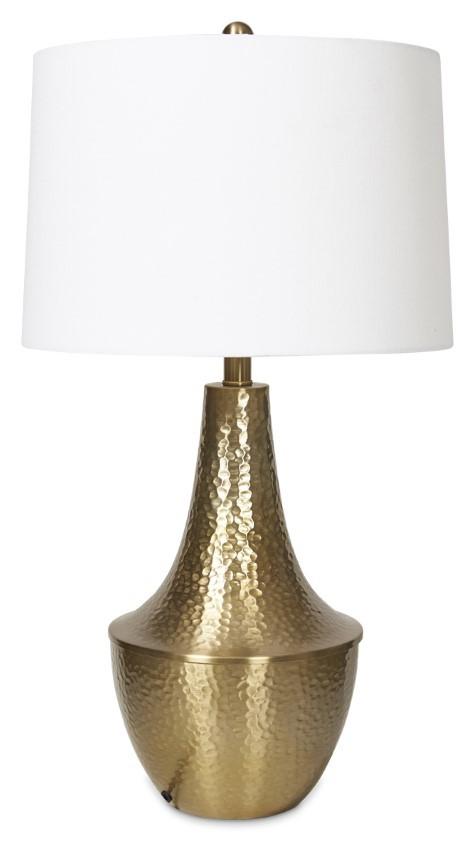 Brass Metal Beaten Table Lamp with White Linen Shade - Brass Metal-abc