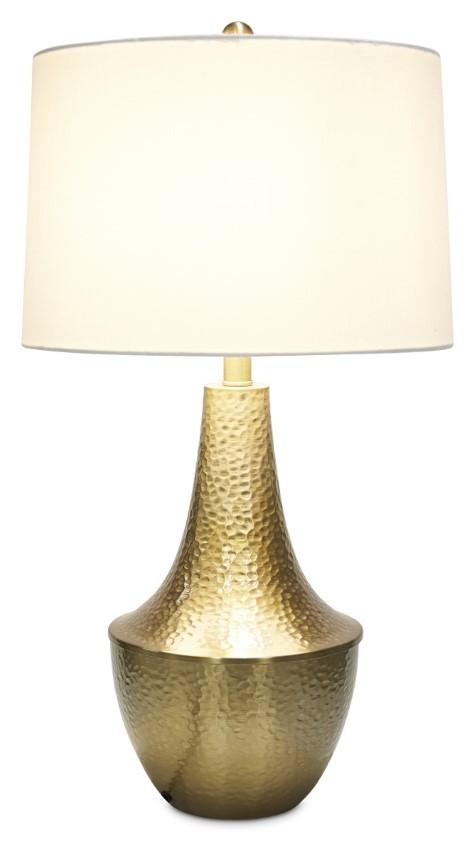Brass Metal Beaten Table Lamp with White Linen Shade - Brass Metal-abc