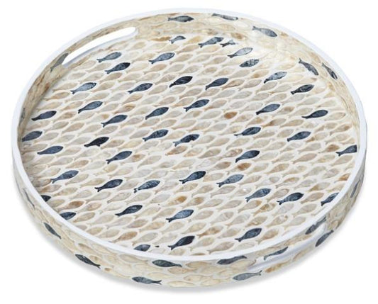 Fish Capiz Shell Serving Tray with Handles - Ivory/Blue-abc