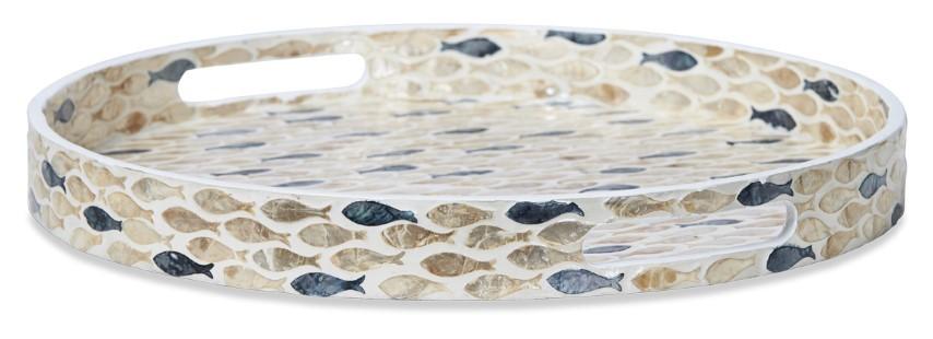 Fish Capiz Shell Serving Tray with Handles - Ivory/Blue-abc