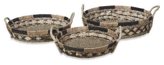 Equador Set of 3 Round Water Hyacinth Trays - Black/Natural-abc