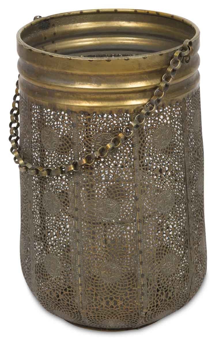 Filigree Metal Hurricane Lamp with Chain Handle and Glass Insert Small-abc