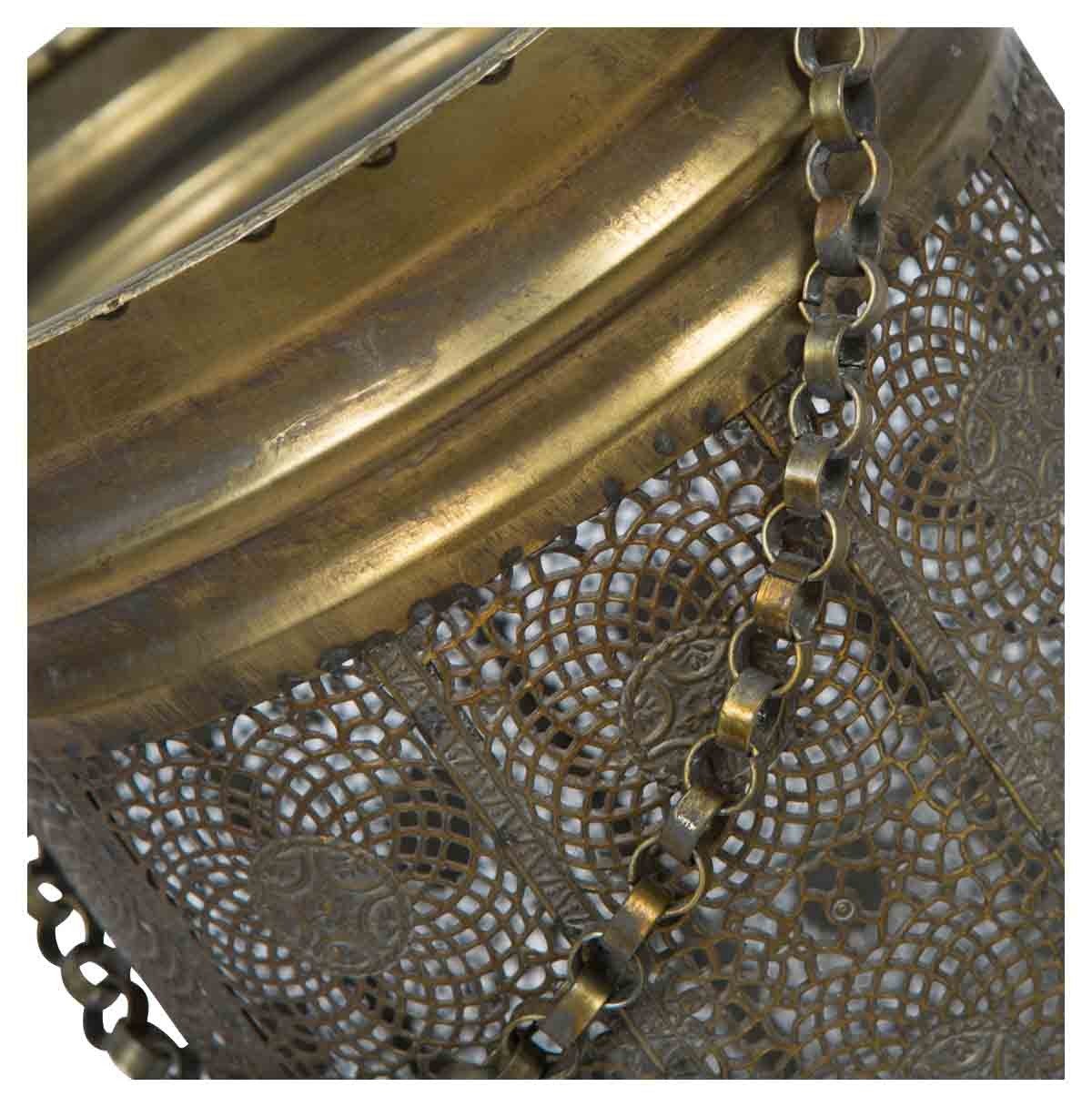 Filigree Metal Hurricane Lamp with Chain Handle and Glass Insert Small-abc