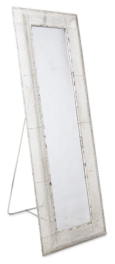 Free Standing Filigree Metal Floor Mirror with Support Frame at the Back - Antique White-abc