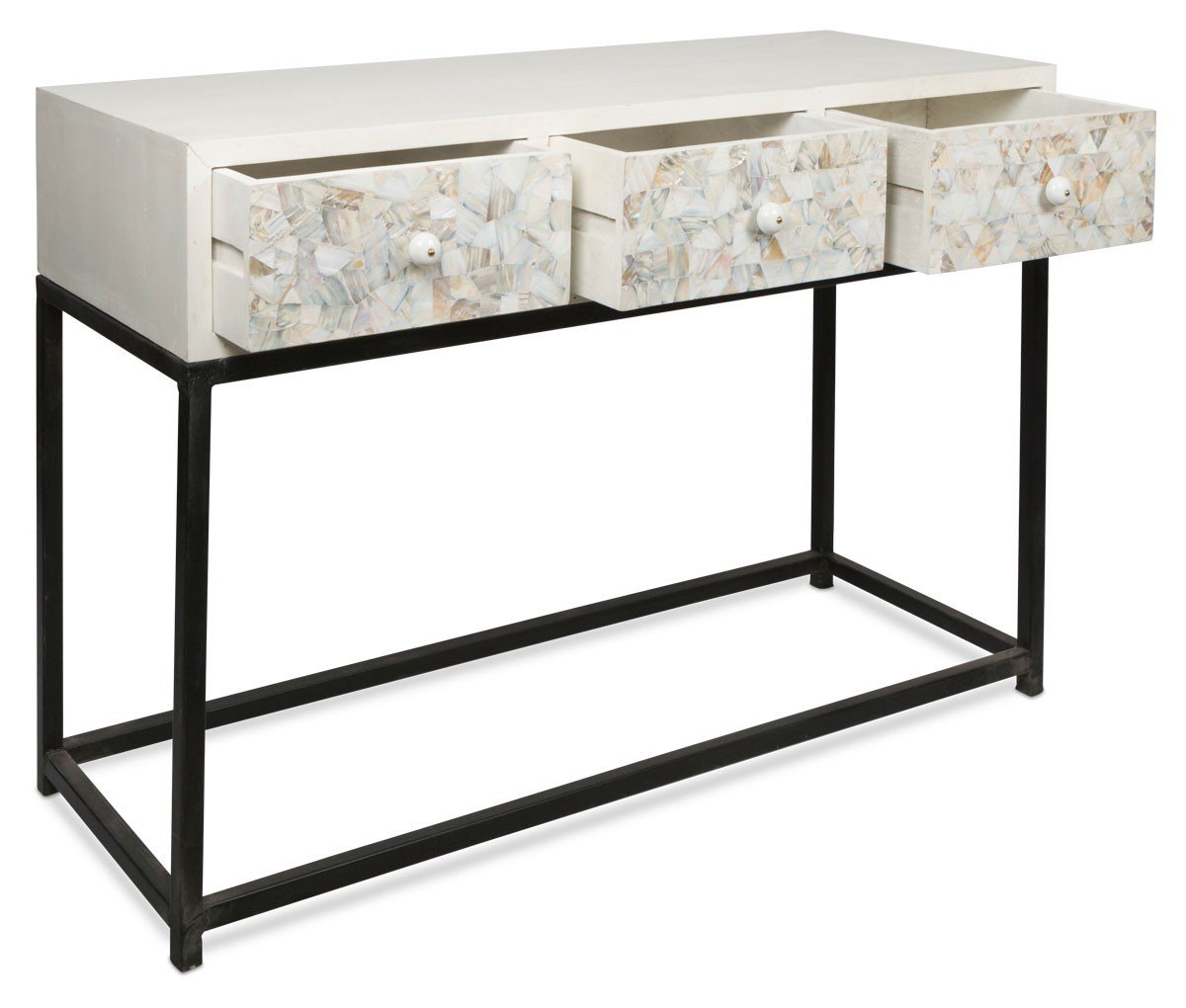 Flat Mother of Pearl Shell Wooden Console with Three Draws-abc