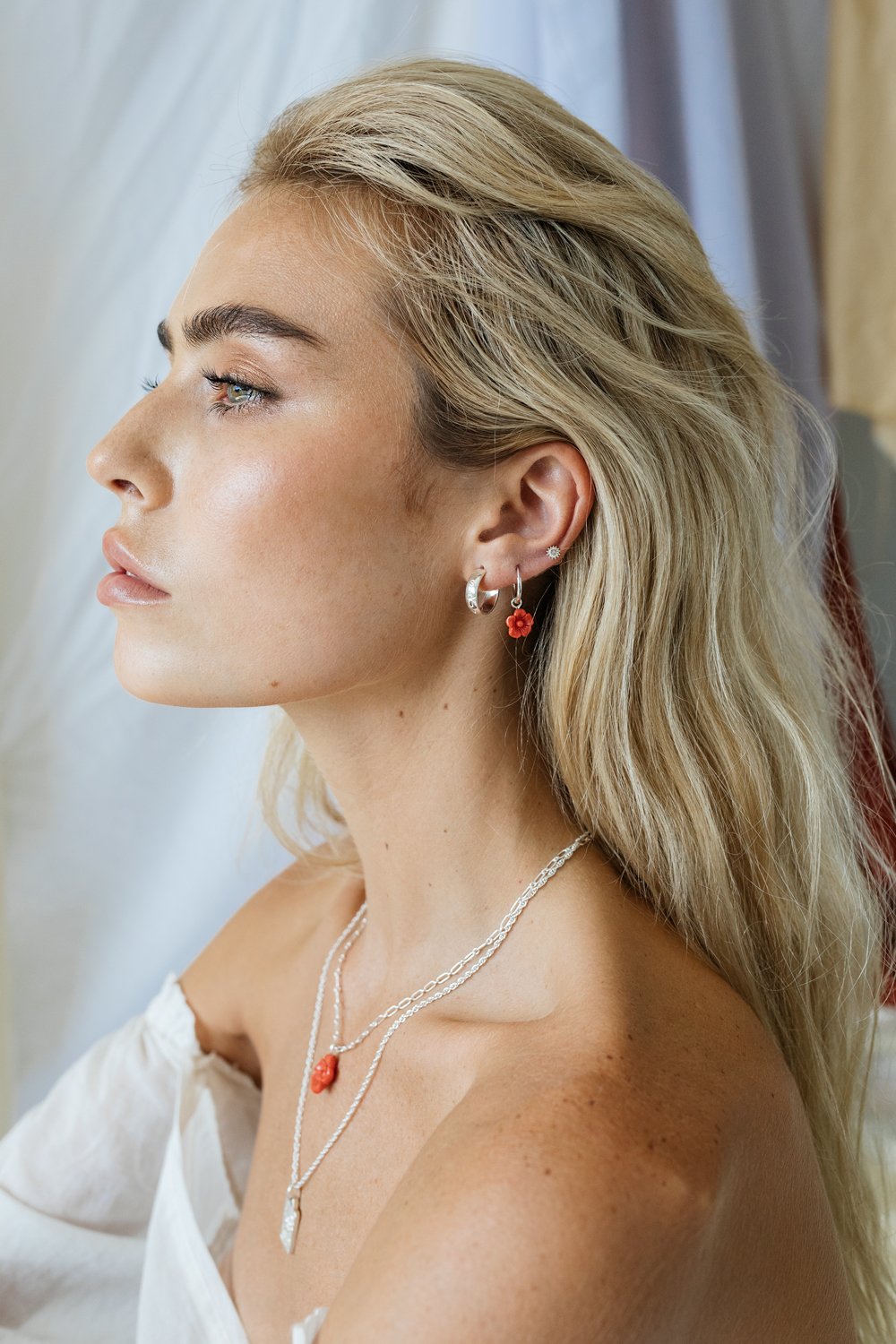 Coral color flower earring silver-abc