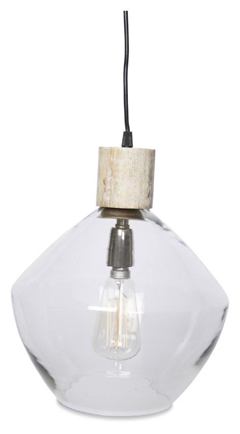 Classic Glass and Wood Pendant Light - Clear/White Wash-abc