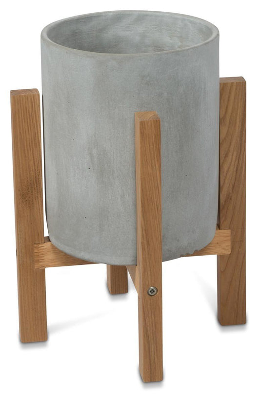 Round Concrete Planter on Wooden Oak Stand Small-Accessories-Home & Giftware-Default Title---abc