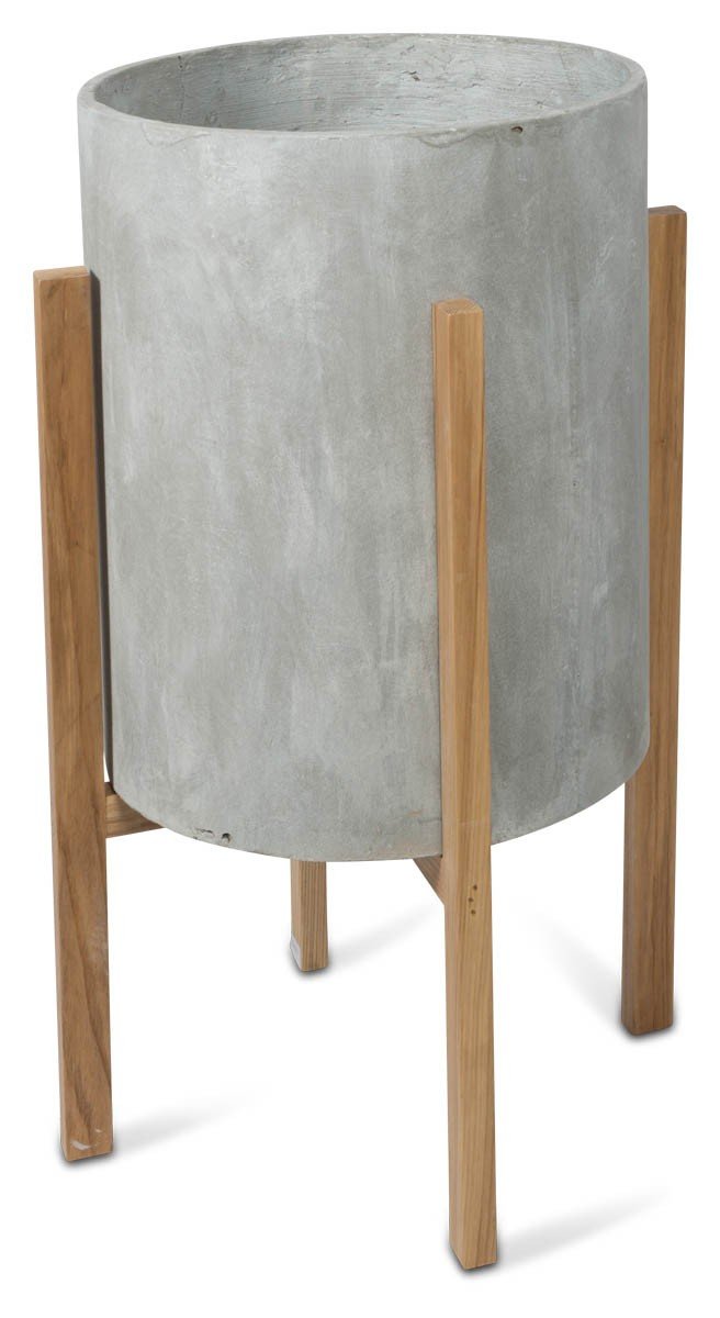 Round Concrete Planter on Wooden Oak Stand Large-Accessories-Home & Giftware-Default Title---abc